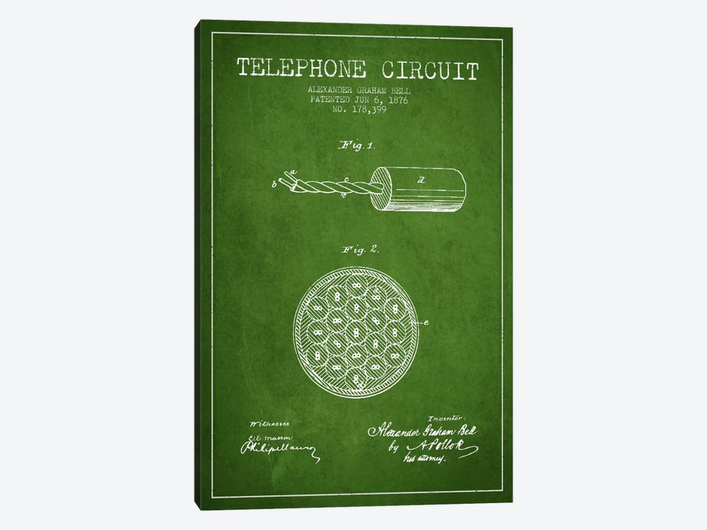 Telephone Circuit Green Patent Blueprint by Aged Pixel 1-piece Canvas Artwork