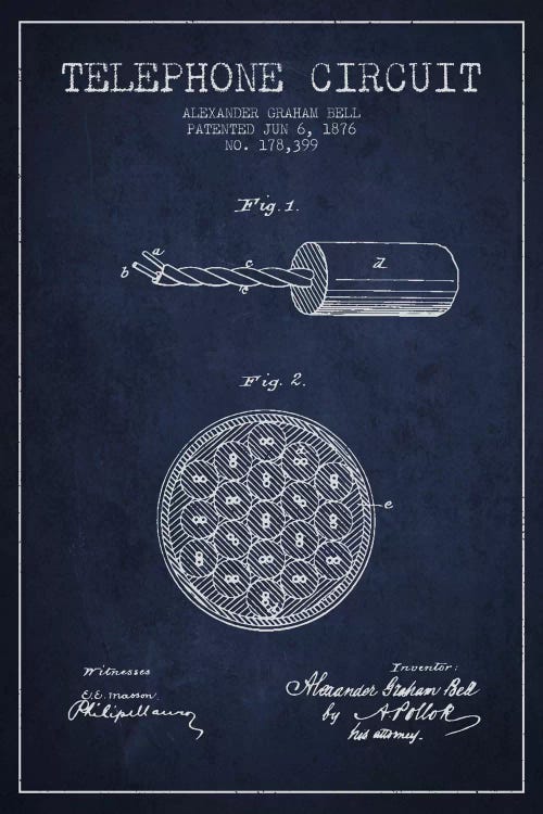 Telephone Circuit Navy Blue Patent Blueprint by Aged Pixel wall art