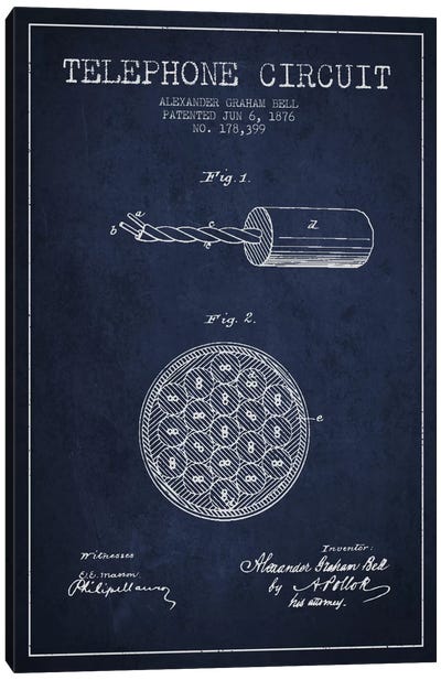 Telephone Circuit Navy Blue Patent Blueprint Canvas Art Print - Electronics & Communication Blueprints