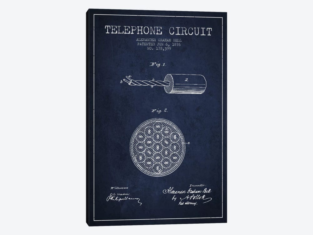 Telephone Circuit Navy Blue Patent Blueprint by Aged Pixel 1-piece Canvas Art Print