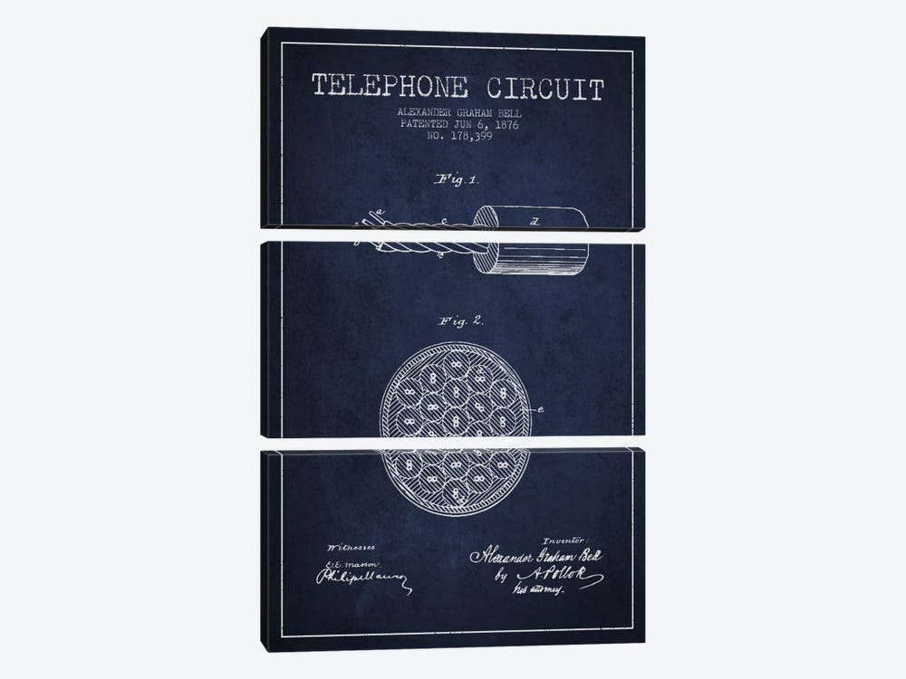 Telephone Circuit Navy Blue Patent Blueprint by Aged Pixel 3-piece Canvas Print