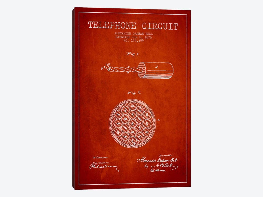 Telephone Circuit Red Patent Blueprint by Aged Pixel 1-piece Canvas Artwork