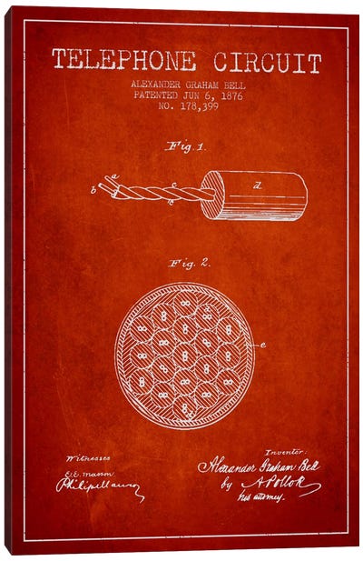 Telephone Circuit Red Patent Blueprint Canvas Art Print - Electronics & Communication Blueprints