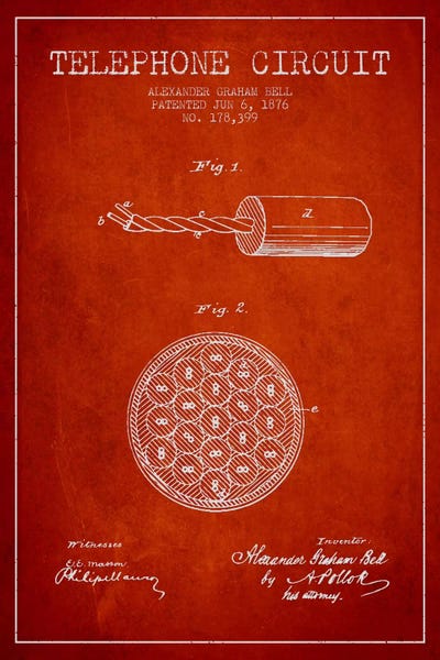 Electronics & Communication Blueprints: Telephone Circuit Red Patent Blueprint by Aged Pixel