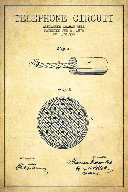 Telephone Circuit Vintage Patent Blueprint by Aged Pixel wall art