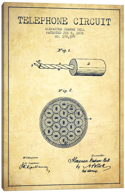 Telephone Circuit Vintage Patent Blueprint Canvas Art Print - Electronics & Communication Blueprints