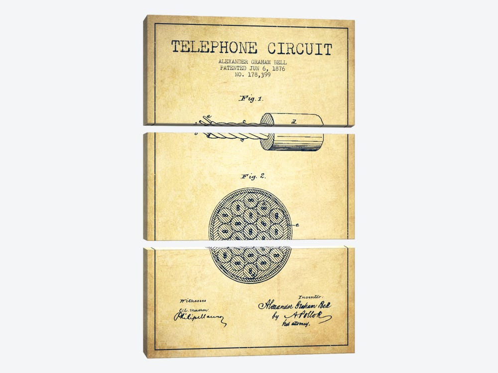 Telephone Circuit Vintage Patent Blueprint by Aged Pixel 3-piece Canvas Print