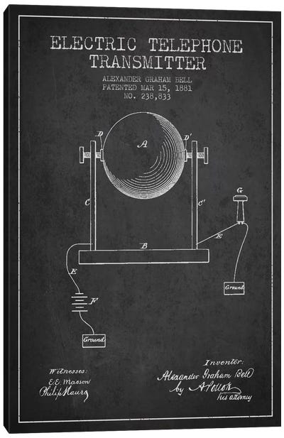 Telephone Transmitter Charcoal Patent Blueprint Canvas Art Print