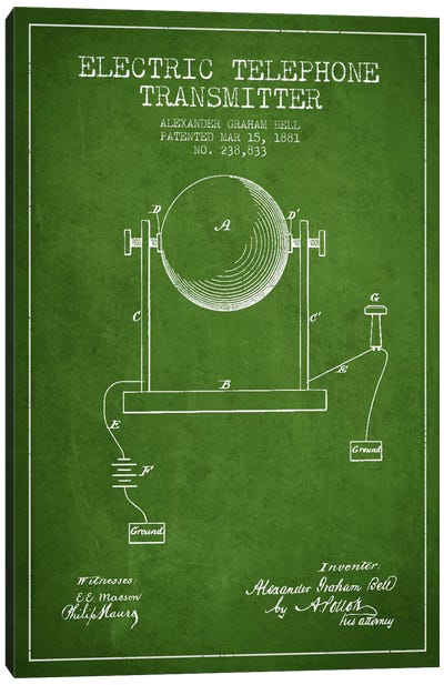Telephone Transmitter Green Patent Blueprint Canvas Art Print - Aged Pixel