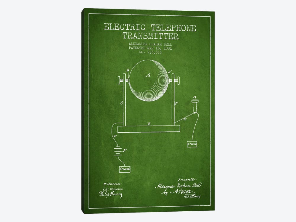 Telephone Transmitter Green Patent Blueprint by Aged Pixel 1-piece Canvas Print