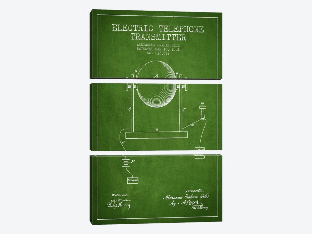 Telephone Transmitter Green Patent Blueprint by Aged Pixel 3-piece Canvas Art Print