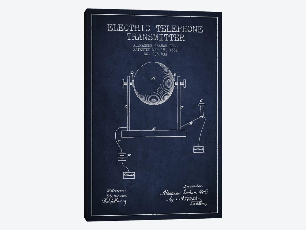 Telephone Transmitter Navy Blue Patent Blueprint by Aged Pixel 1-piece Canvas Artwork
