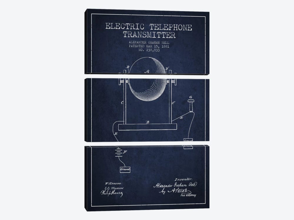 Telephone Transmitter Navy Blue Patent Blueprint by Aged Pixel 3-piece Canvas Artwork