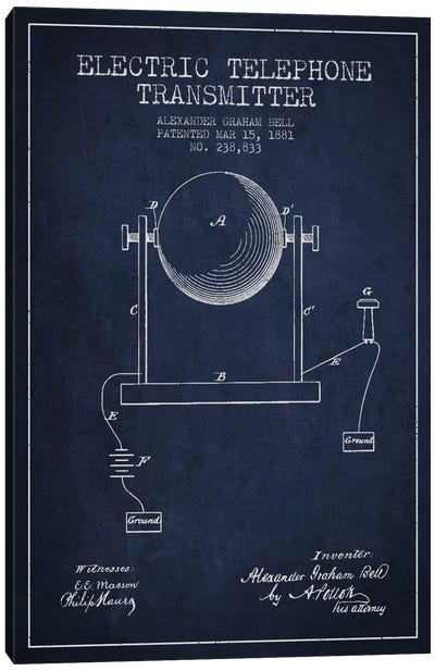 Telephone Transmitter Navy Blue Patent Blueprint Canvas Art Print - Electronics & Communication Blueprints