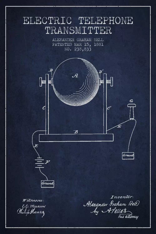 Telephone Transmitter Navy Blue Patent Blueprint by Aged Pixel wall art