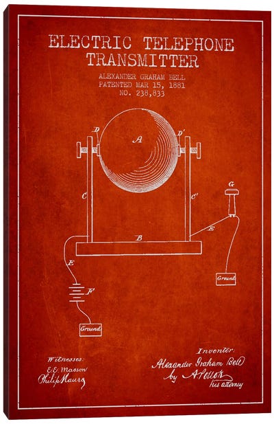 Telephone Transmitter Red Patent Blueprint Canvas Art Print - Aged Pixel