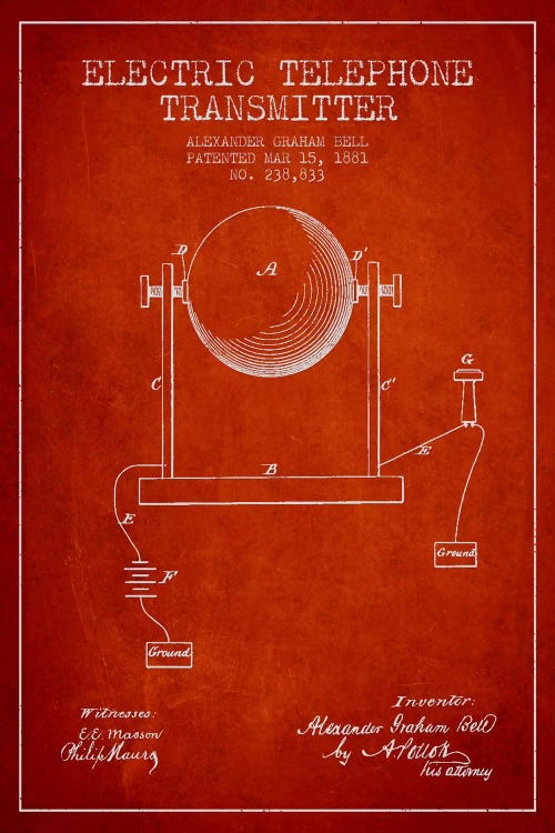 Telephone Transmitter Red Patent Blueprint