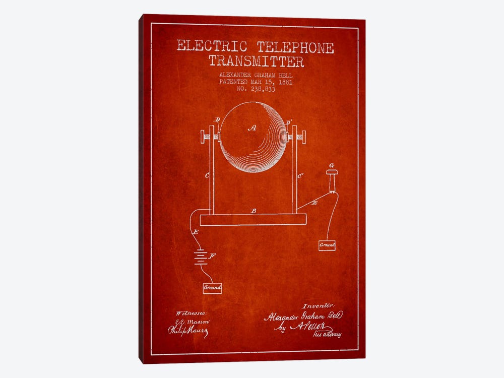 Telephone Transmitter Red Patent Blueprint by Aged Pixel 1-piece Canvas Print