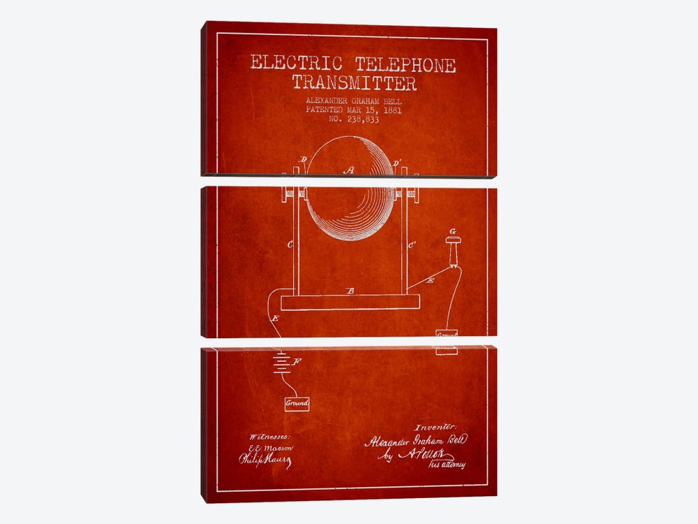 Telephone Transmitter Red Patent Blueprint by Aged Pixel 3-piece Canvas Art Print