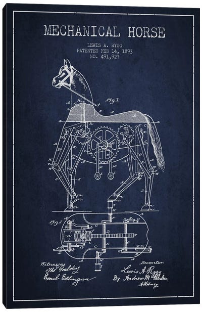 Mechanical Horse Navy Blue Patent Blueprint Canvas Art Print - Toys & Collectibles