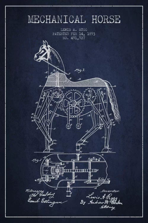 Mechanical Horse Navy Blue Patent Blueprint