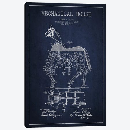 Mechanical Horse Navy Blue Patent Blueprint Canvas Print #ADP48} by Aged Pixel Canvas Artwork