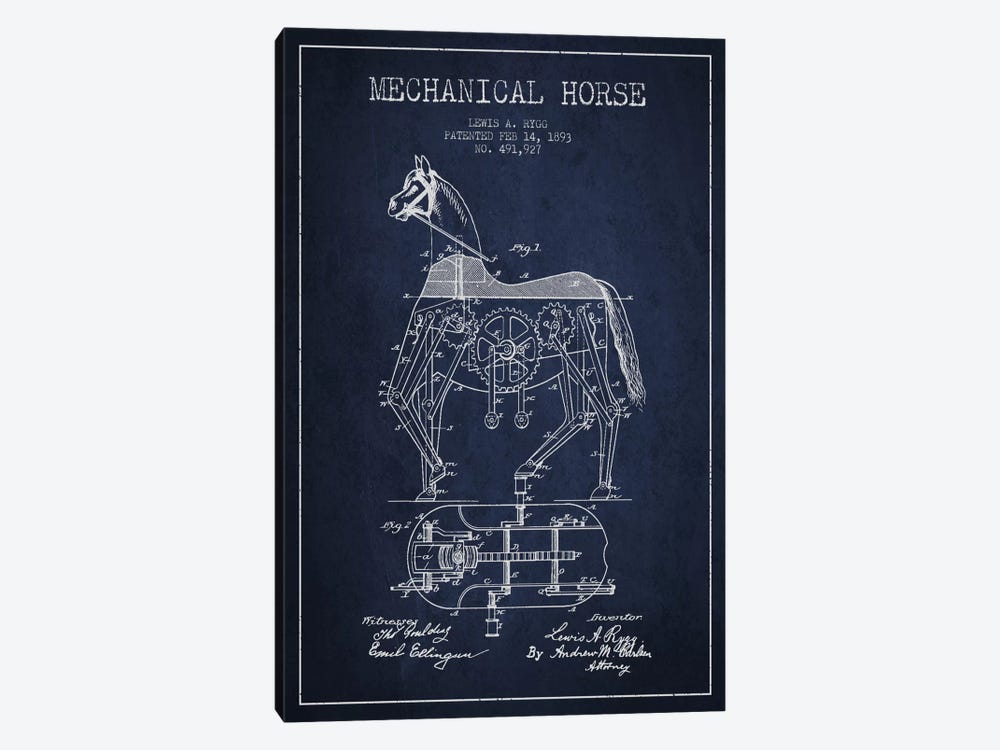 Mechanical Horse Navy Blue Patent Blueprint by Aged Pixel 1-piece Canvas Print