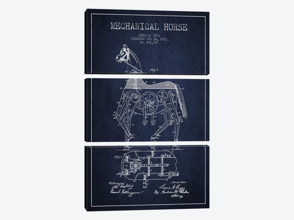 Mechanical Horse Navy Blue Patent Blueprint by Aged Pixel 3-piece Art Print
