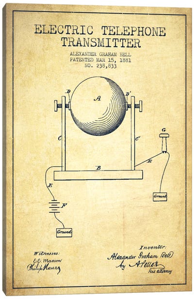 Telephone Transmitter Vintage Patent Blueprint Canvas Art Print - Aged Pixel