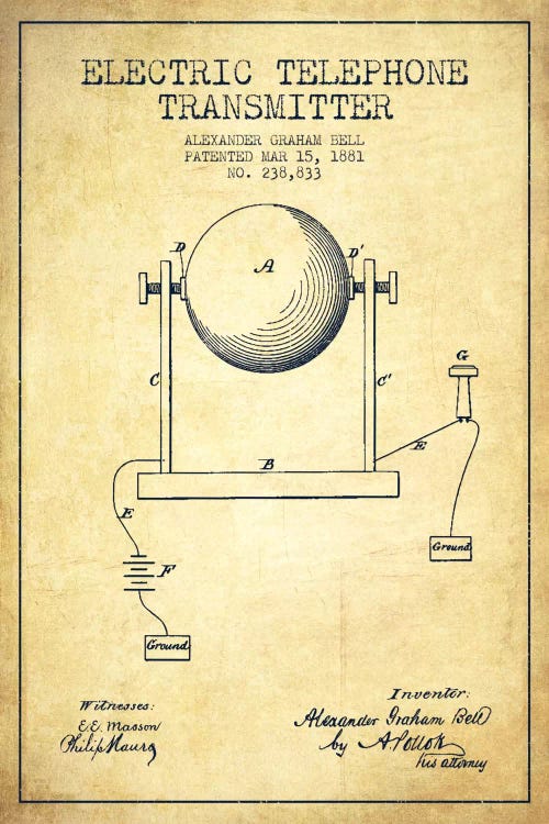 Telephone Transmitter Vintage Patent Blueprint by Aged Pixel wall art