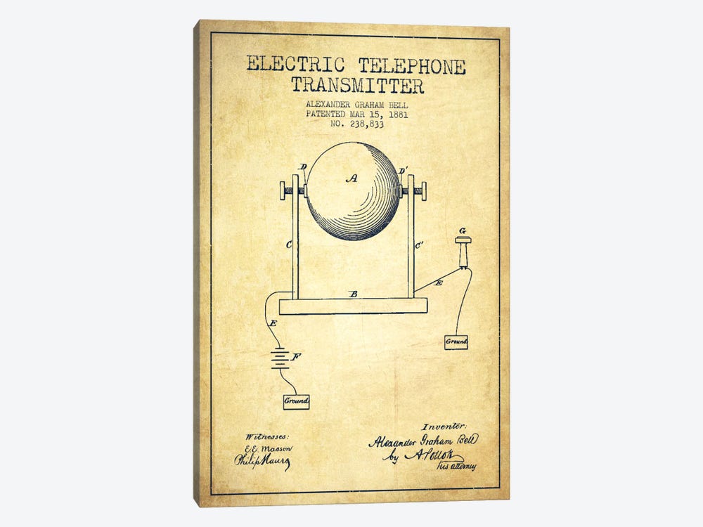 Telephone Transmitter Vintage Patent Blueprint by Aged Pixel 1-piece Canvas Art Print