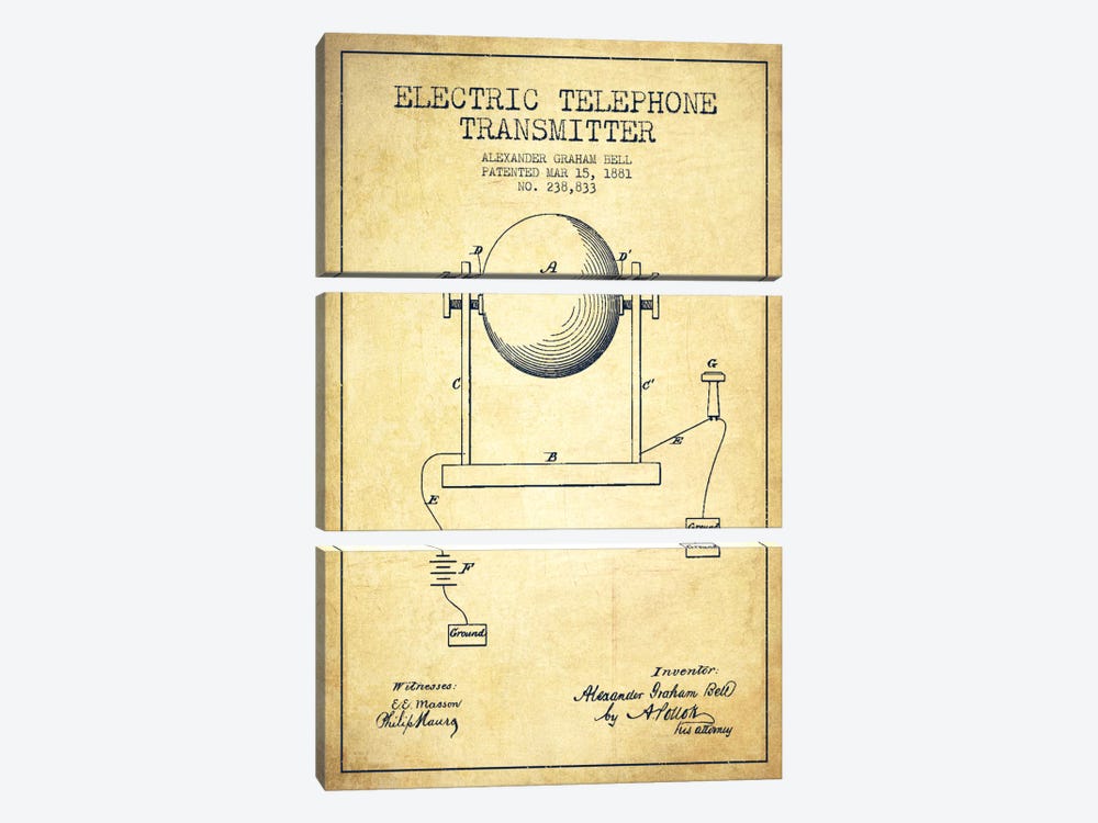 Telephone Transmitter Vintage Patent Blueprint by Aged Pixel 3-piece Canvas Print