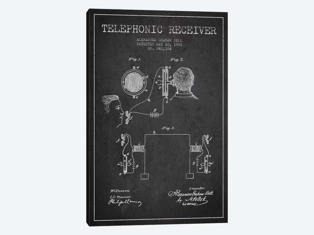 Telephonic Receiver Charcoal Patent Blueprint by Aged Pixel 1-piece Canvas Artwork