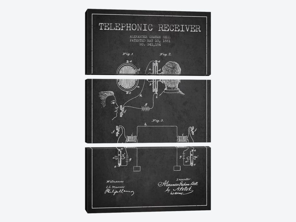 Telephonic Receiver Charcoal Patent Blueprint 3-piece Canvas Artwork