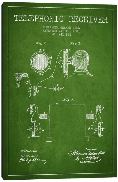 Telephonic Receiver Green Patent Blueprint Canvas Art Print - Aged Pixel: Electronics & Communication