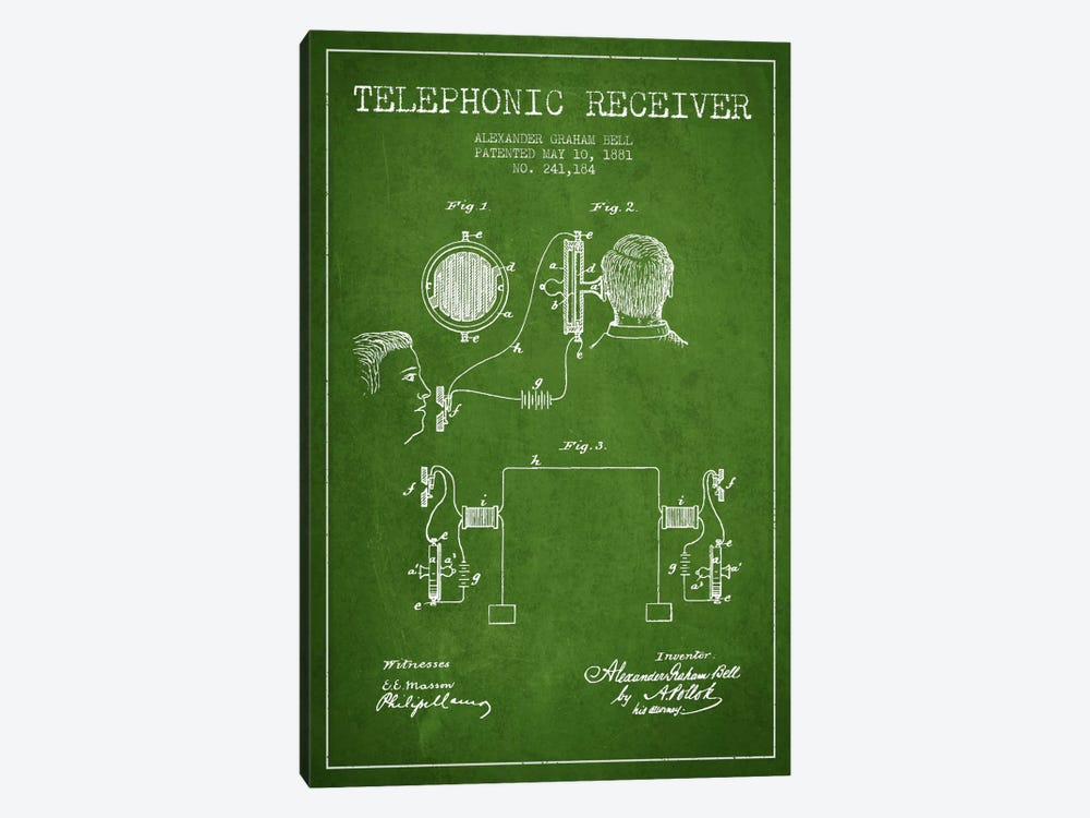 Telephonic Receiver Green Patent Blueprint by Aged Pixel 1-piece Art Print