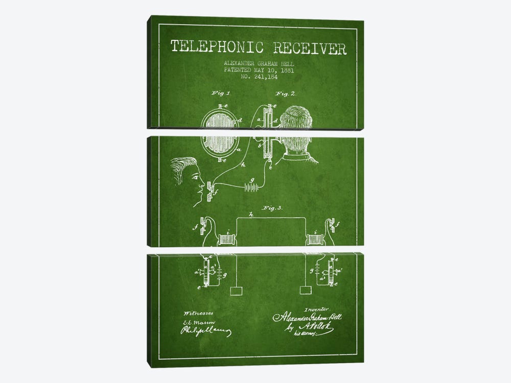 Telephonic Receiver Green Patent Blueprint by Aged Pixel 3-piece Canvas Art Print