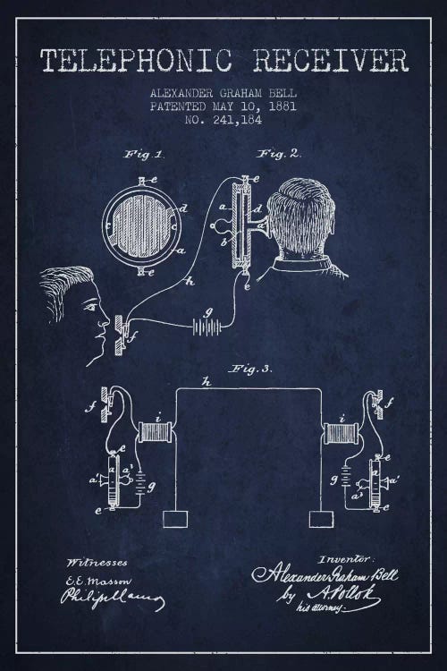Telephonic Receiver Navy Blue Patent Blueprint by Aged Pixel wall art
