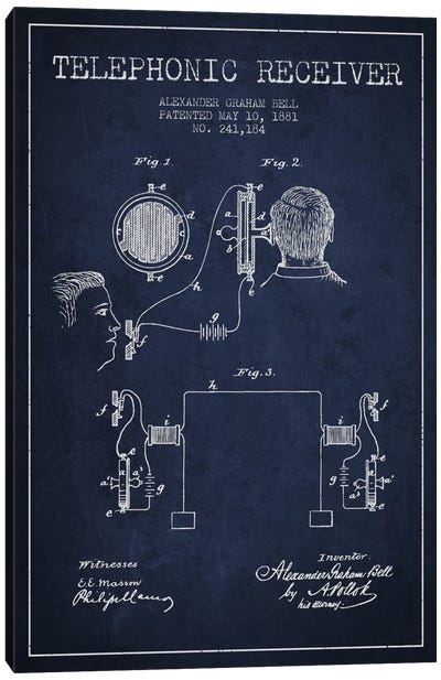 Telephonic Receiver Navy Blue Patent Blueprint Canvas Art Print - Electronics & Communication Blueprints
