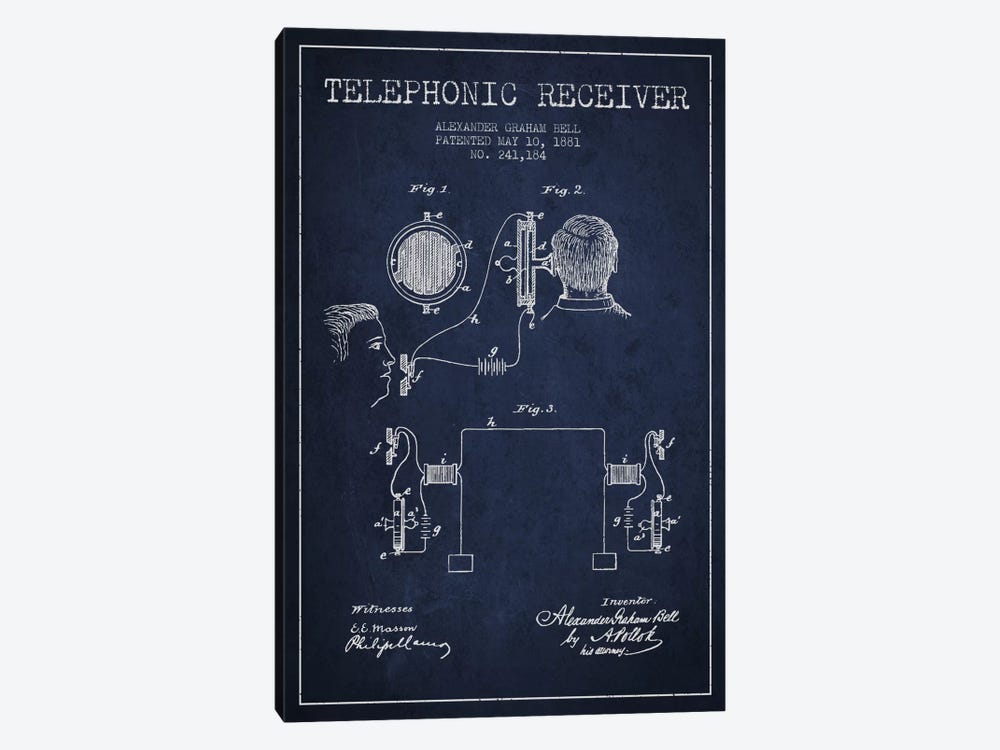 Telephonic Receiver Navy Blue Patent Blueprint by Aged Pixel 1-piece Canvas Art