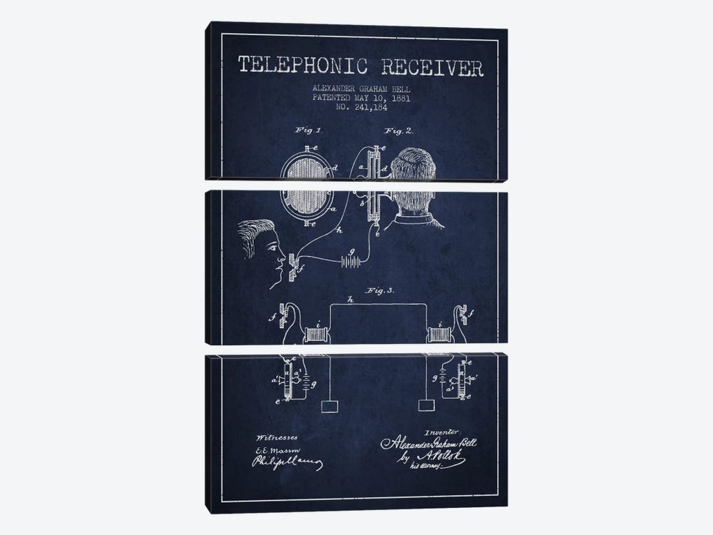 Telephonic Receiver Navy Blue Patent Blueprint 3-piece Canvas Art