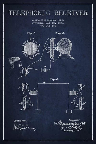 Aged Pixel: Telephonic Receiver Navy Blue Patent Blueprint by Aged Pixel