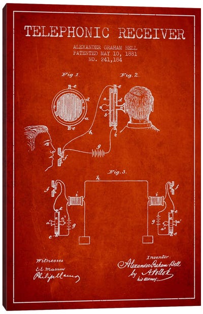 Telephonic Receiver Red Patent Blueprint Canvas Art Print - Electronics & Communication Blueprints