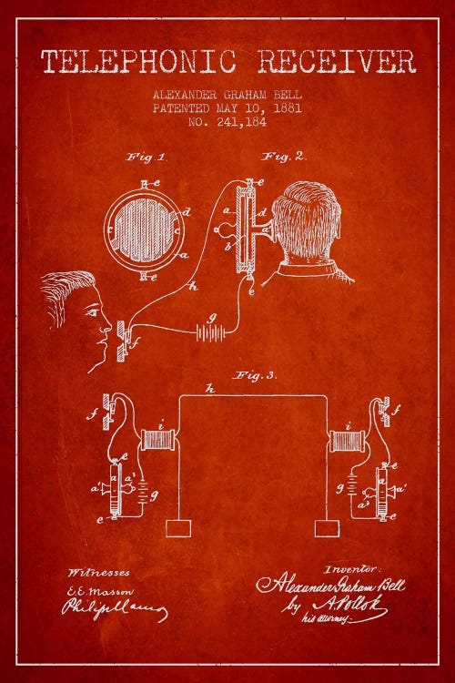 Telephonic Receiver Red Patent Blueprint