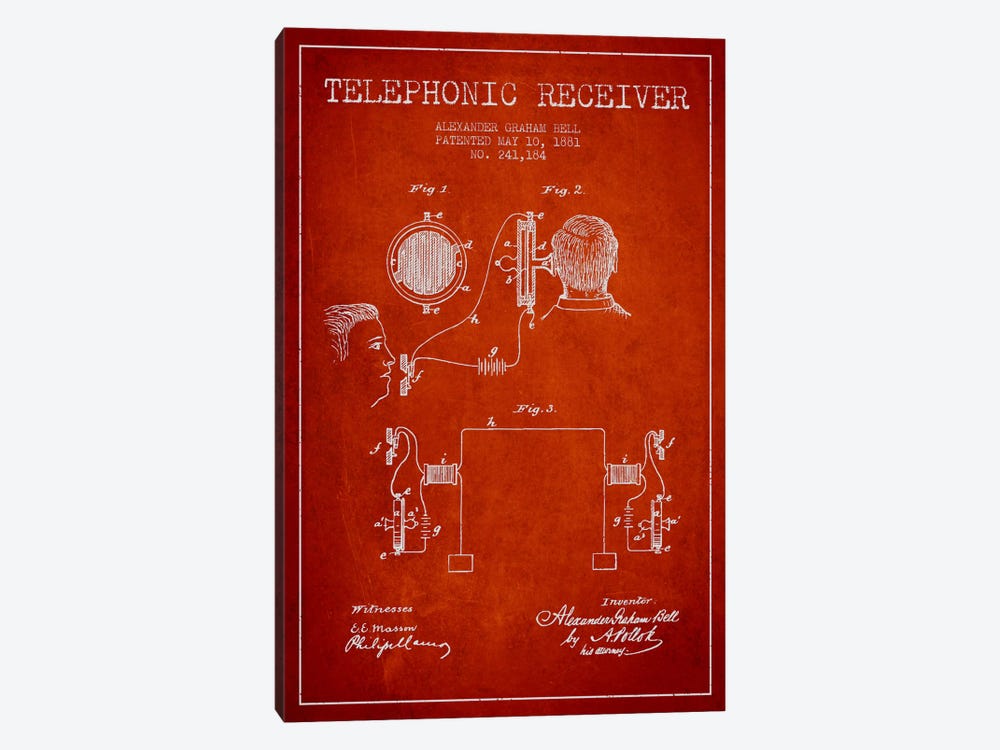 Telephonic Receiver Red Patent Blueprint by Aged Pixel 1-piece Canvas Art Print