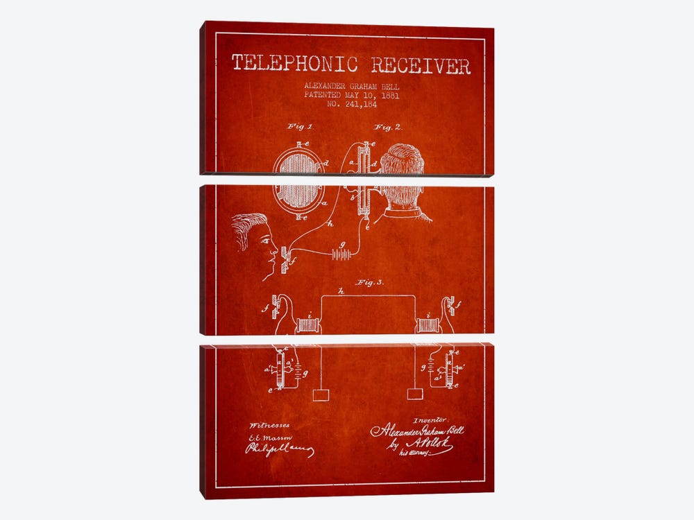 Telephonic Receiver Red Patent Blueprint by Aged Pixel 3-piece Canvas Art Print