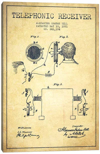 Telephonic Receiver Vintage Patent Blueprint Canvas Art Print - Electronics & Communication Blueprints