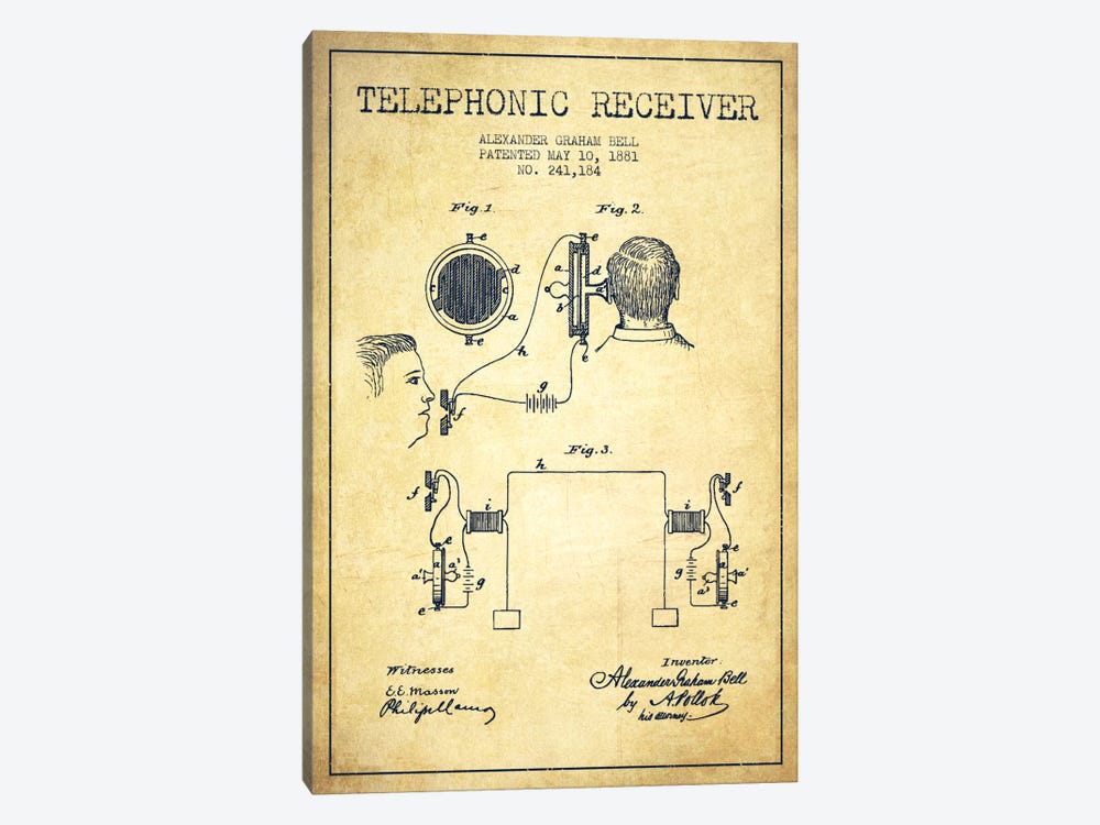 Telephonic Receiver Vintage Patent Blueprint by Aged Pixel 1-piece Canvas Art