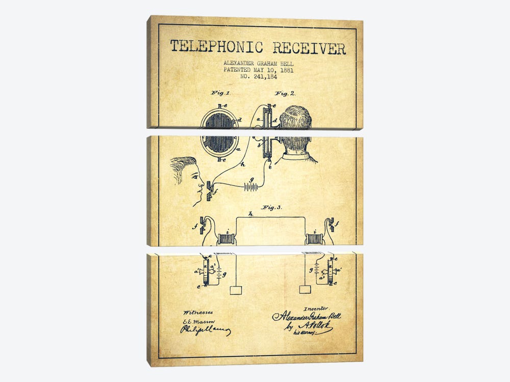 Telephonic Receiver Vintage Patent Blueprint by Aged Pixel 3-piece Canvas Art