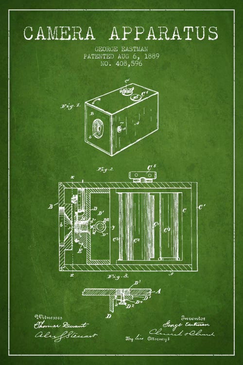 Camera Green Patent Blueprint by Aged Pixel wall art